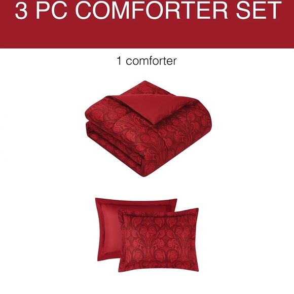 New Nuveau Scroll 3-Pc  Comforter Set REVERSIBLE RED Holiday Christmas FULL - Picture 7 of 14
